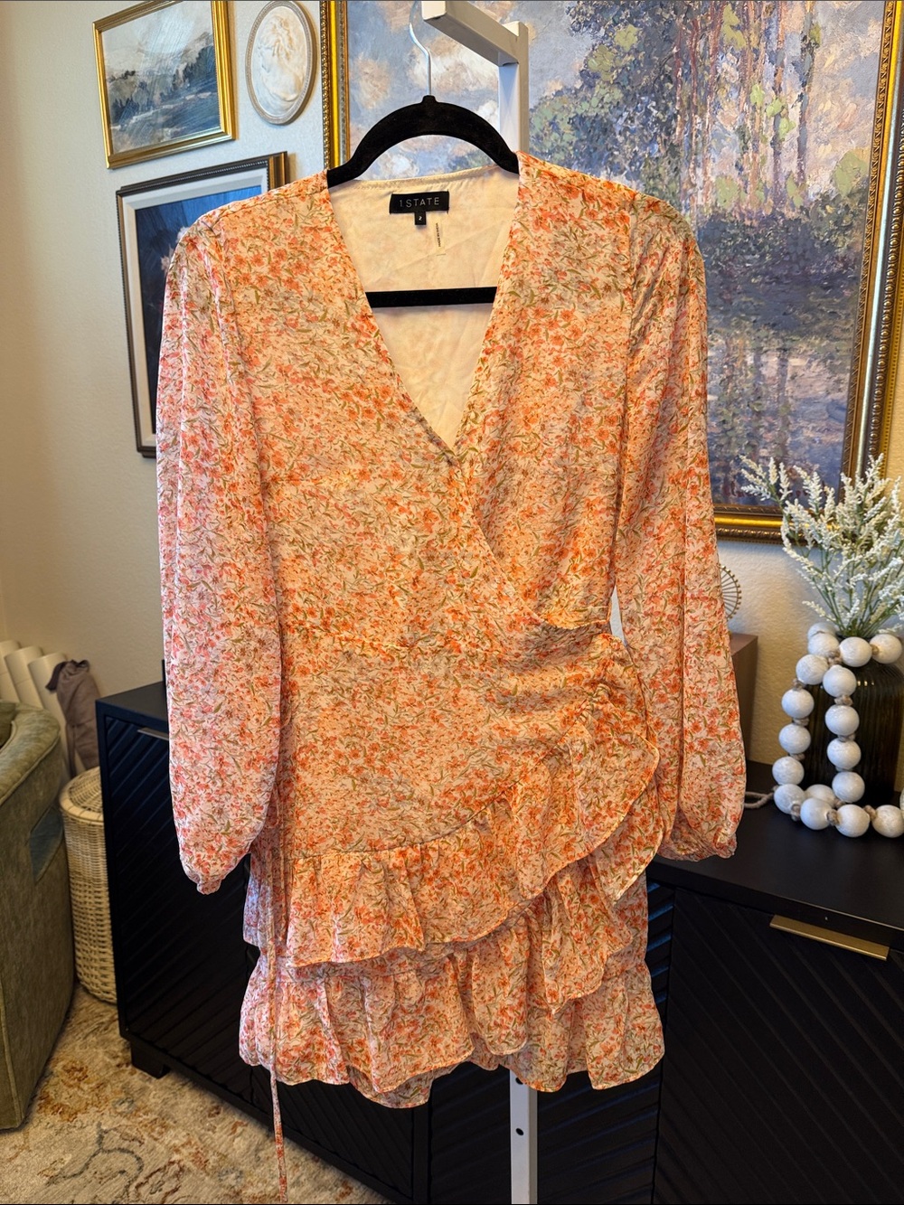 STATE Peach and Ivory Floral Wrap Mini Dress